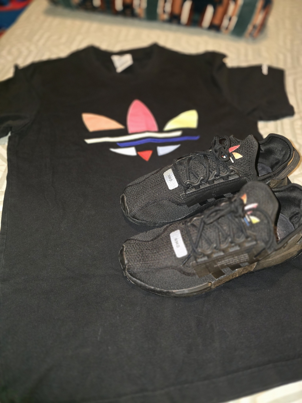 adidas Men's Black Athletic Sneakers with Multicolor Trefoil Accents